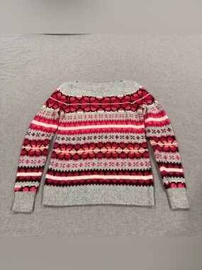 Loft Fair Isle boatneck sweater with pink, grey, & white pattern Sz XS